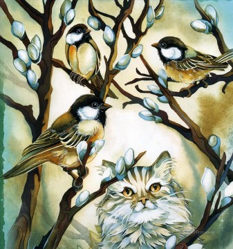 動物 Painting - ここバーディ バーディ 猫 鳥